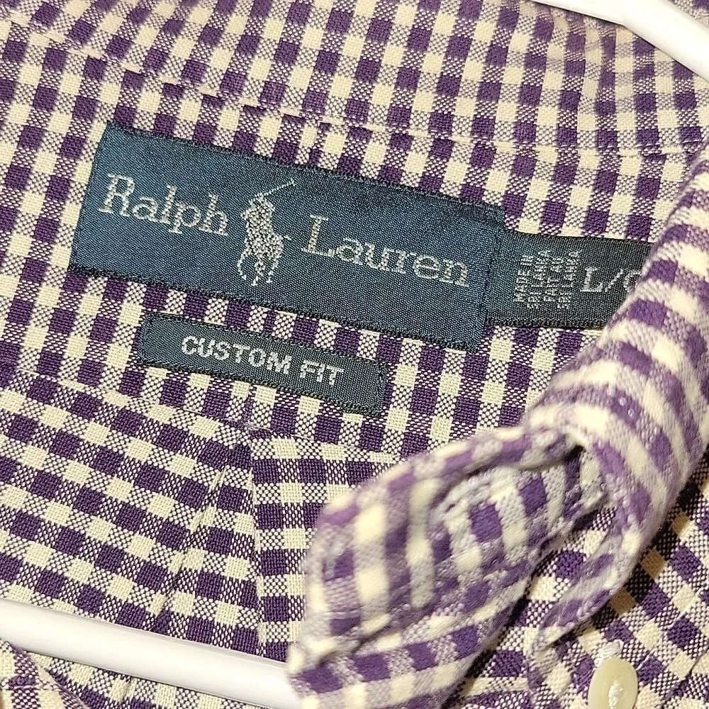 Ralph Lauren Purple Plaid Gingham Custom fit Button Down Shirt Size L